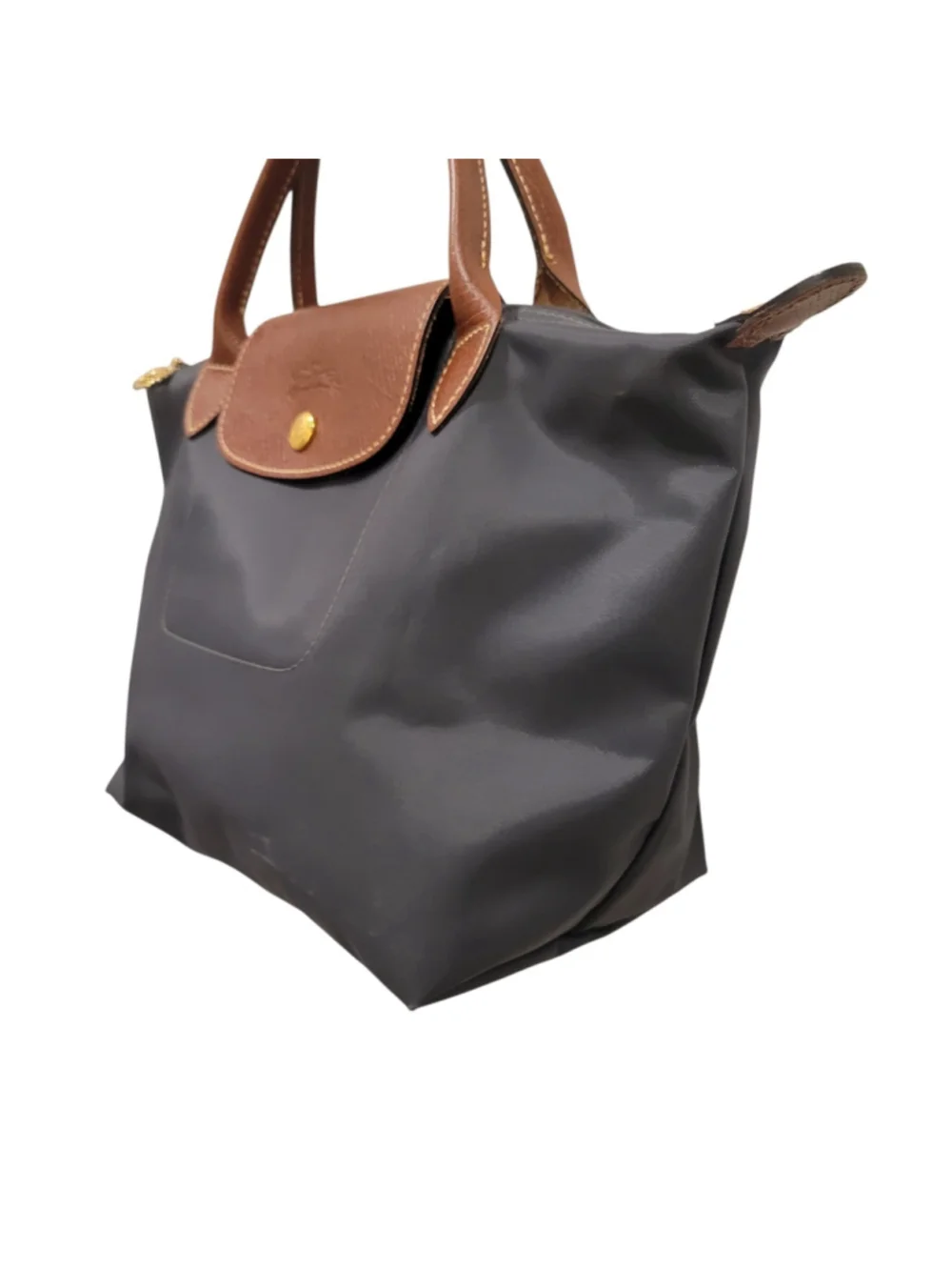 LONGCHAMP Women's Gray Pliage Medium Leather Trim Double Top Handle Satchel Bag